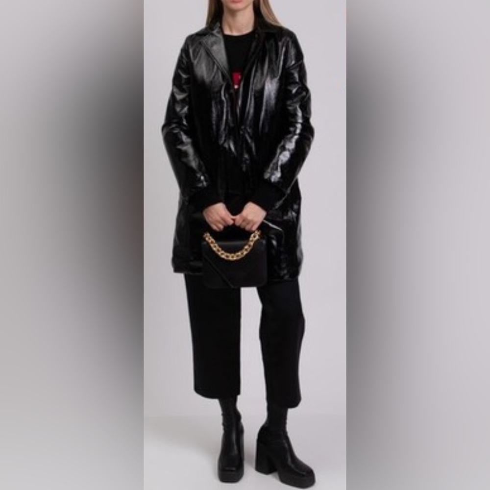 Pinko Patent Faux Leather Faux Fur Lined Black Belted Trench Coat
